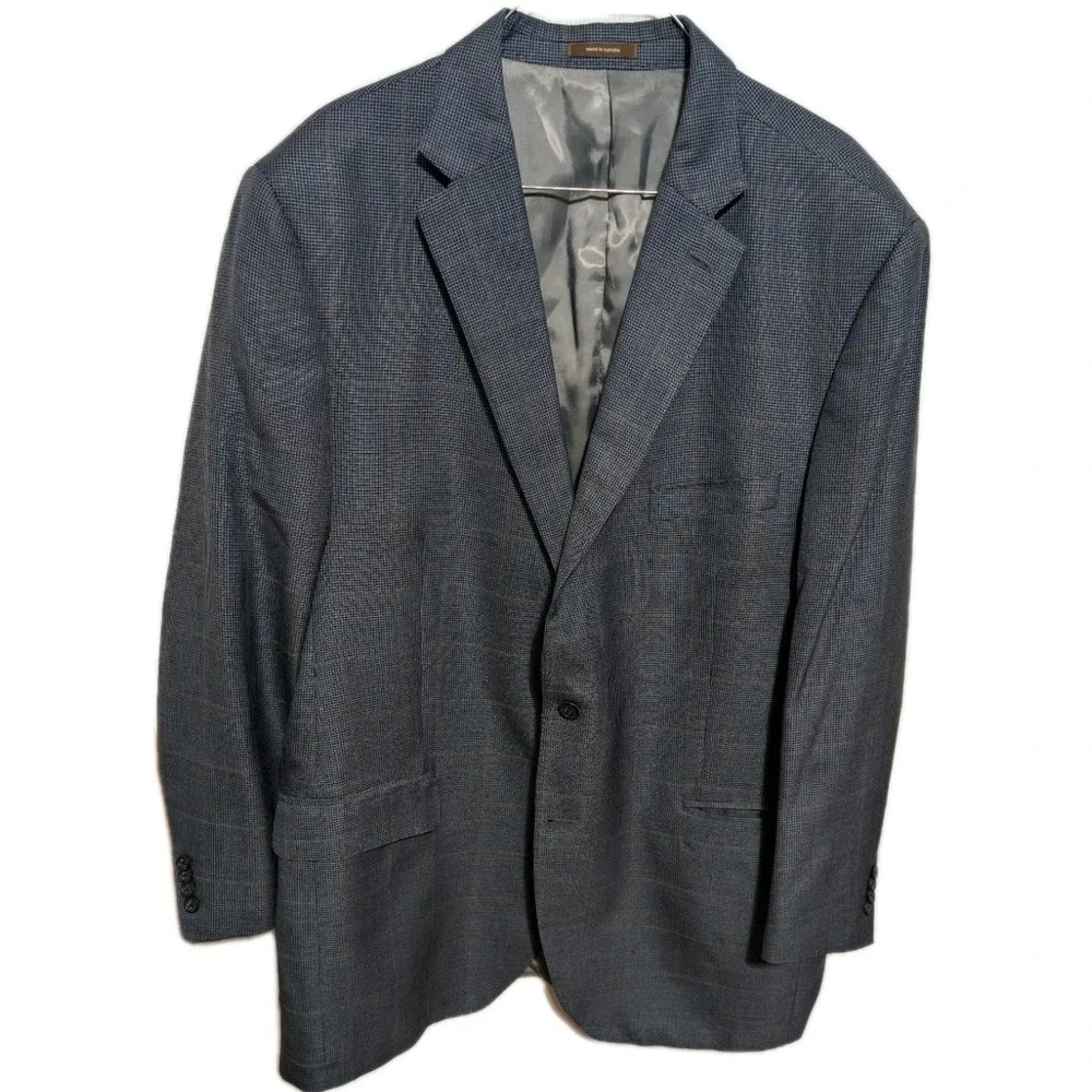 Peter Millar Sport Coat Blazer 46T Blue Windowpane Wool Silk Linen Made Canada